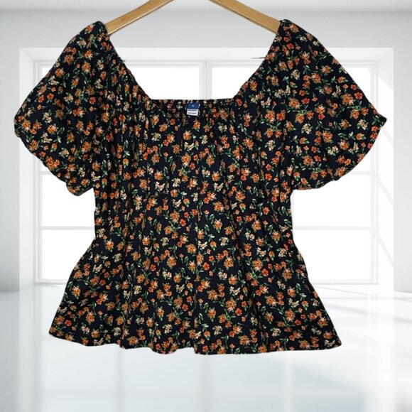 OLD NAVY XL Floral Puff Sleeve Smocked Back Empire Waist Cotton Blouse Top - Picture 2 of 14